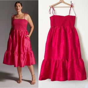 NWT Dhruv Kapoor Anthropologie XL Cerise smocked tiered midi dress in Red/Rouge